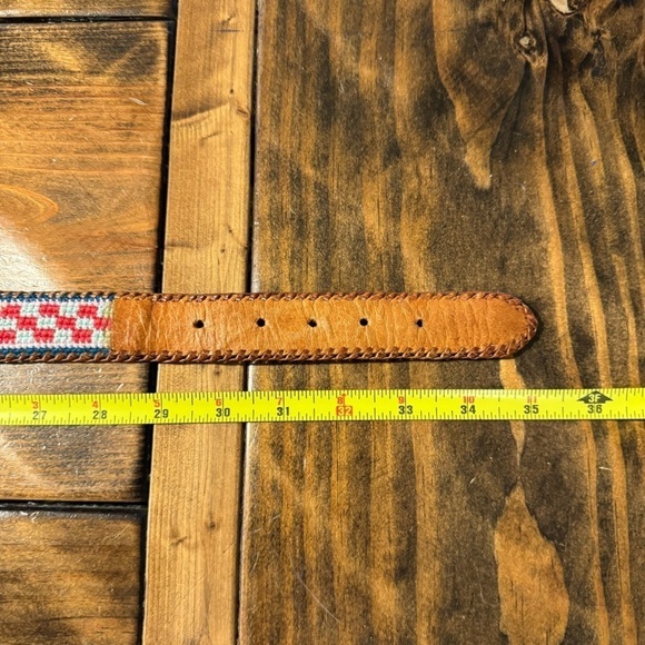 Vintage Leather & Woven Multicolor Cotton Belt Size 32 Hand Tooled - Picture 6 of 8